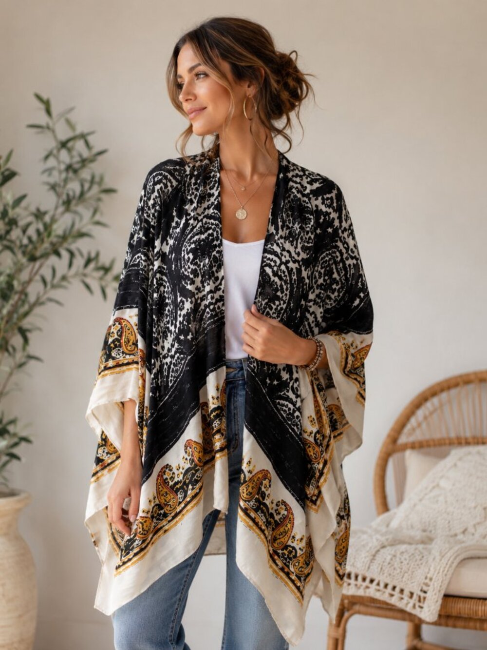 Boho Paisley Kimono Wrap Shawl | Black White Gold Festival Layering Piece